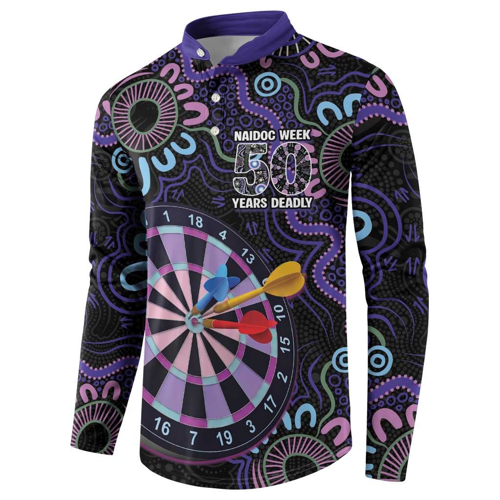 First Nations Darts NAIDOC 2026 Button Sweatshirt Aboriginal Dot Art Dartboard Purple