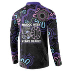 First Nations Darts NAIDOC 2026 Button Sweatshirt Aboriginal Dot Art Dartboard Purple