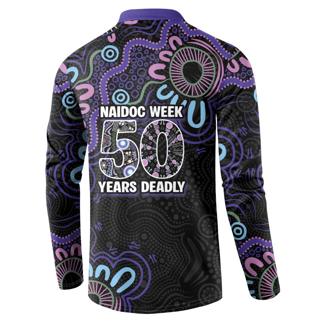 First Nations Darts NAIDOC 2026 Button Sweatshirt Aboriginal Dot Art Dartboard Purple