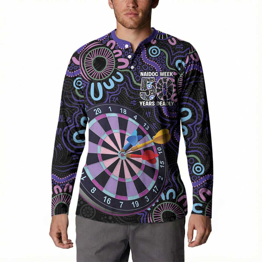 First Nations Darts NAIDOC 2026 Button Sweatshirt Aboriginal Dot Art Dartboard Purple