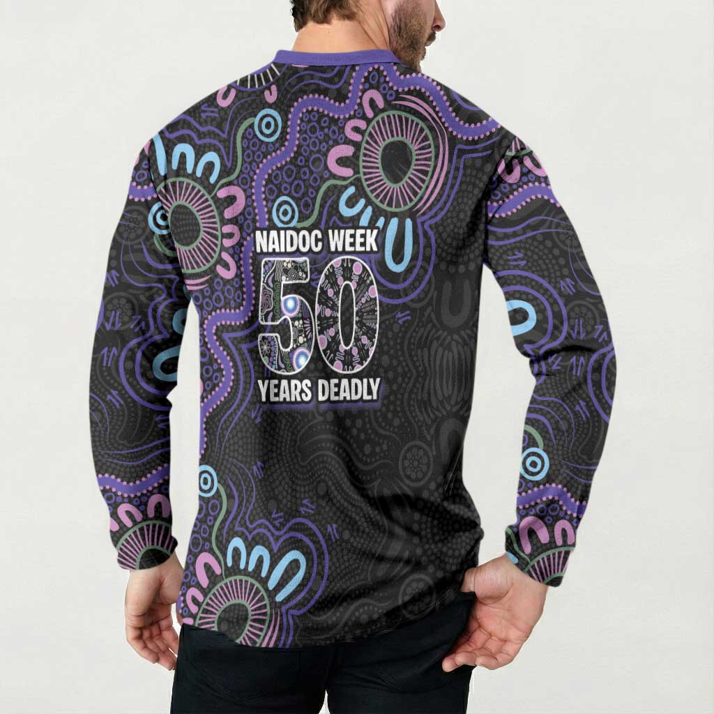 First Nations Darts NAIDOC 2026 Button Sweatshirt Aboriginal Dot Art Dartboard Purple