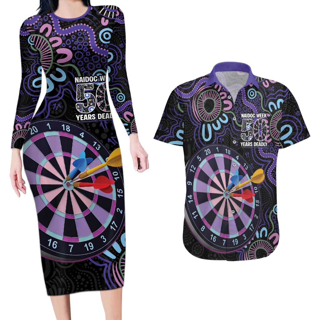 First Nations Darts NAIDOC 2026 Couples Matching Long Sleeve Bodycon Dress and Hawaiian Shirt Aboriginal Dot Art Dartboard Purple