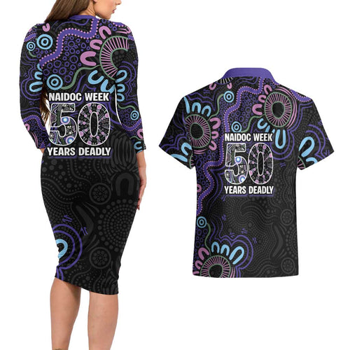 First Nations Darts NAIDOC 2026 Couples Matching Long Sleeve Bodycon Dress and Hawaiian Shirt Aboriginal Dot Art Dartboard Purple