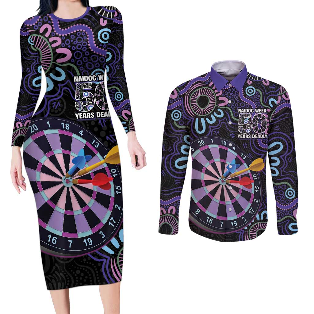 First Nations Darts NAIDOC 2026 Couples Matching Long Sleeve Bodycon Dress and Long Sleeve Button Shirt Aboriginal Dot Art Dartboard Purple