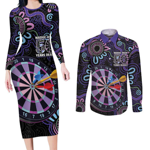 First Nations Darts NAIDOC 2026 Couples Matching Long Sleeve Bodycon Dress and Long Sleeve Button Shirt Aboriginal Dot Art Dartboard Purple