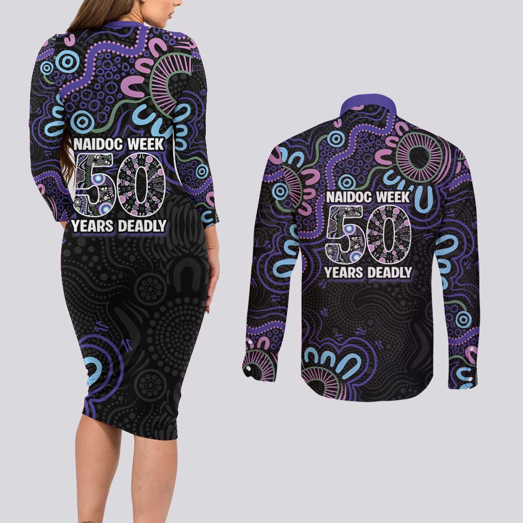 First Nations Darts NAIDOC 2026 Couples Matching Long Sleeve Bodycon Dress and Long Sleeve Button Shirt Aboriginal Dot Art Dartboard Purple