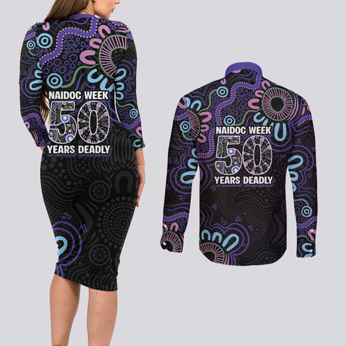 First Nations Darts NAIDOC 2026 Couples Matching Long Sleeve Bodycon Dress and Long Sleeve Button Shirt Aboriginal Dot Art Dartboard Purple