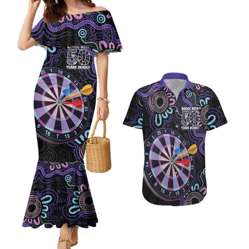 First Nations Darts NAIDOC 2026 Couples Matching Mermaid Dress and Hawaiian Shirt Aboriginal Dot Art Dartboard Purple