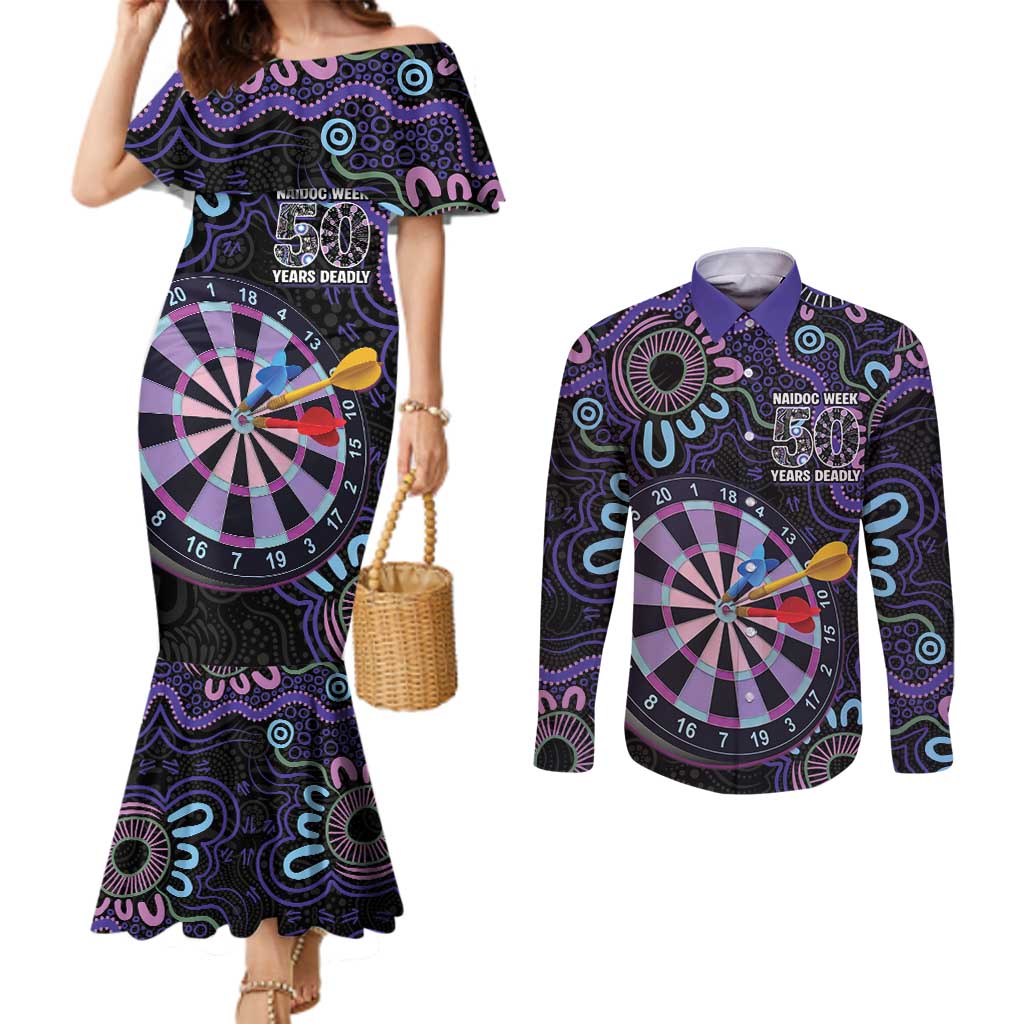 First Nations Darts NAIDOC 2026 Couples Matching Mermaid Dress and Long Sleeve Button Shirt Aboriginal Dot Art Dartboard Purple