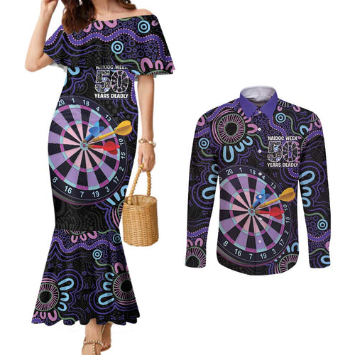 First Nations Darts NAIDOC 2026 Couples Matching Mermaid Dress and Long Sleeve Button Shirt Aboriginal Dot Art Dartboard Purple