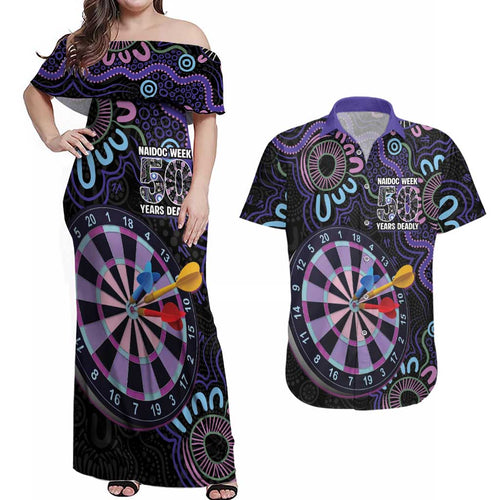First Nations Darts NAIDOC 2026 Couples Matching Off Shoulder Maxi Dress and Hawaiian Shirt Aboriginal Dot Art Dartboard Purple
