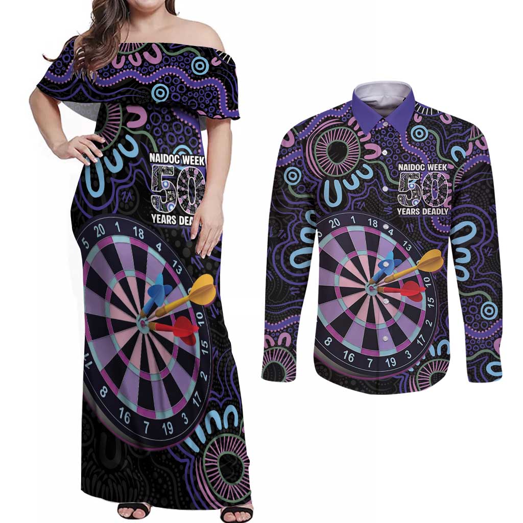 First Nations Darts NAIDOC 2026 Couples Matching Off Shoulder Maxi Dress and Long Sleeve Button Shirt Aboriginal Dot Art Dartboard Purple