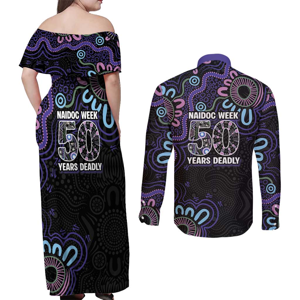 First Nations Darts NAIDOC 2026 Couples Matching Off Shoulder Maxi Dress and Long Sleeve Button Shirt Aboriginal Dot Art Dartboard Purple