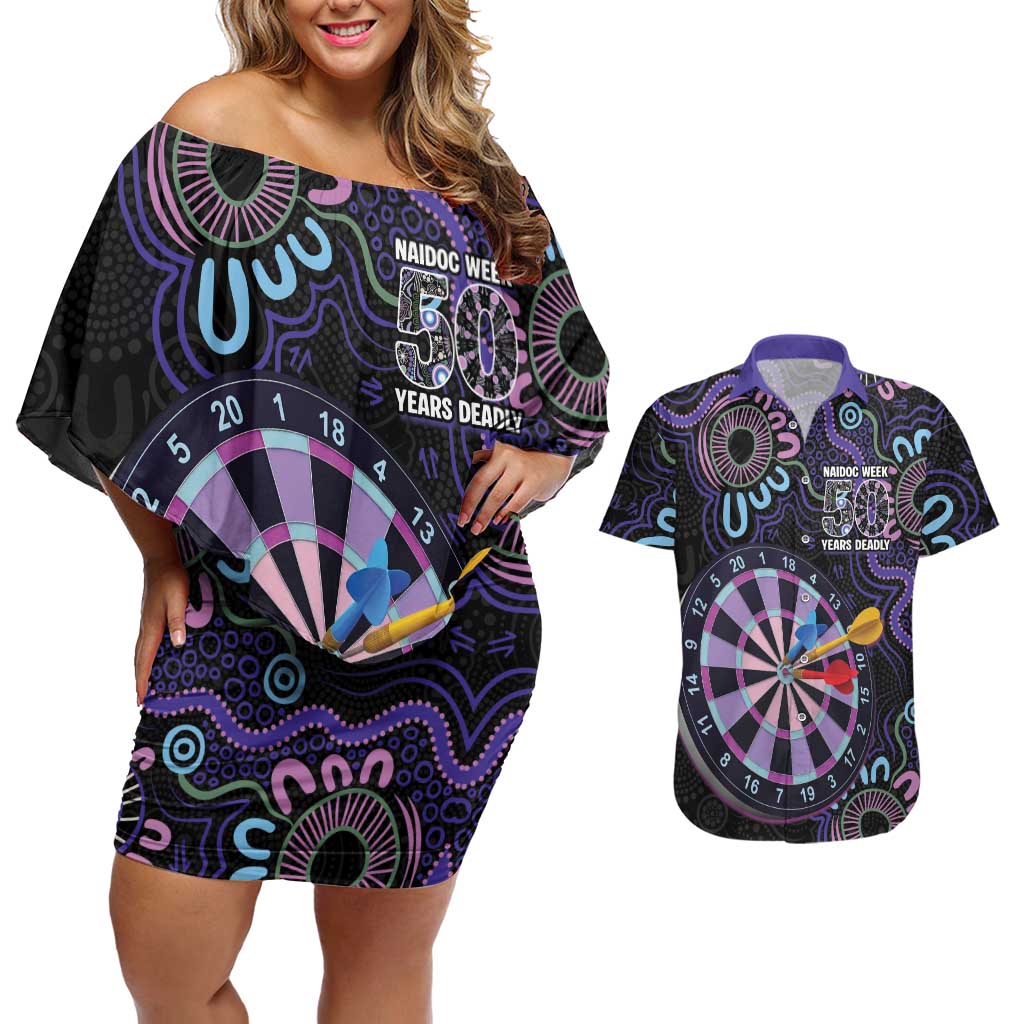 First Nations Darts NAIDOC 2026 Couples Matching Off Shoulder Short Dress and Hawaiian Shirt Aboriginal Dot Art Dartboard Purple