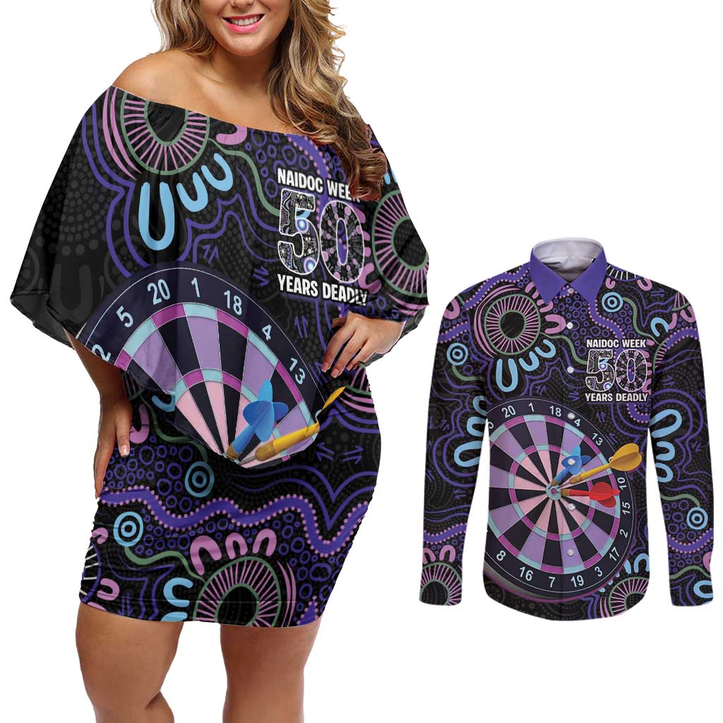 First Nations Darts NAIDOC 2026 Couples Matching Off Shoulder Short Dress and Long Sleeve Button Shirt Aboriginal Dot Art Dartboard Purple