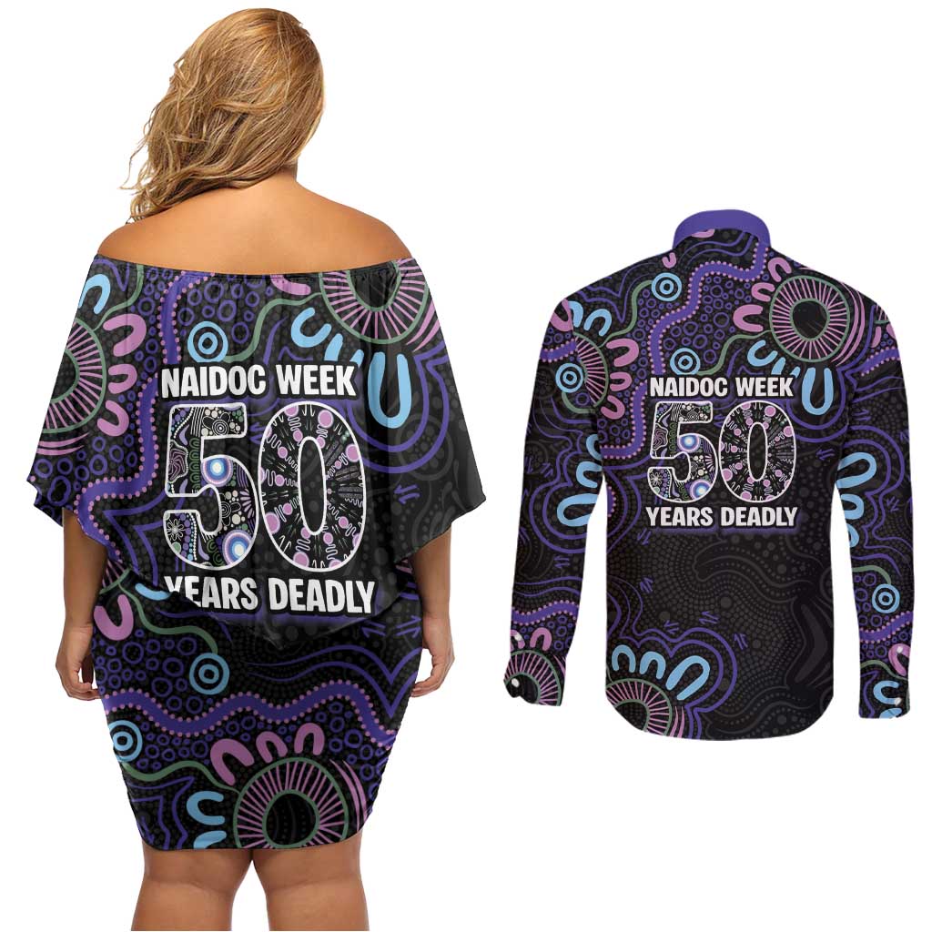 First Nations Darts NAIDOC 2026 Couples Matching Off Shoulder Short Dress and Long Sleeve Button Shirt Aboriginal Dot Art Dartboard Purple