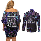 First Nations Darts NAIDOC 2026 Couples Matching Off Shoulder Short Dress and Long Sleeve Button Shirt Aboriginal Dot Art Dartboard Purple