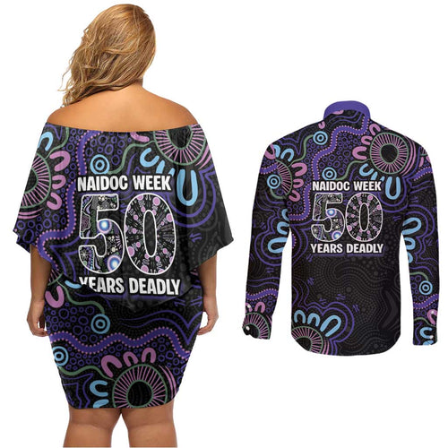 First Nations Darts NAIDOC 2026 Couples Matching Off Shoulder Short Dress and Long Sleeve Button Shirt Aboriginal Dot Art Dartboard Purple