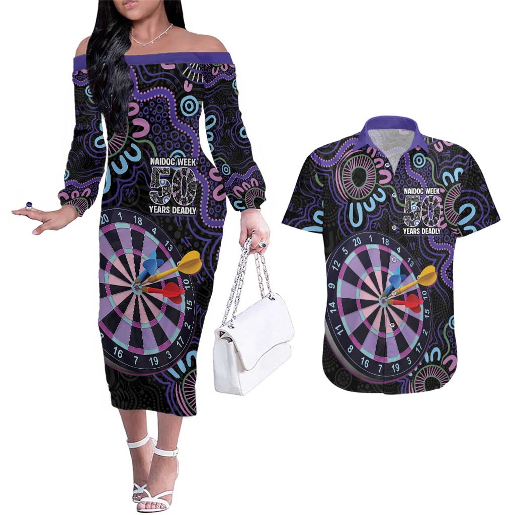 First Nations Darts NAIDOC 2026 Couples Matching Off The Shoulder Long Sleeve Dress and Hawaiian Shirt Aboriginal Dot Art Dartboard Purple