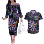 First Nations Darts NAIDOC 2026 Couples Matching Off The Shoulder Long Sleeve Dress and Hawaiian Shirt Aboriginal Dot Art Dartboard Purple