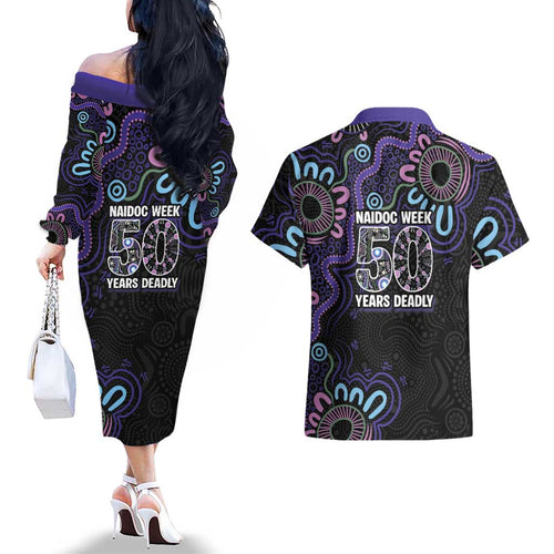 First Nations Darts NAIDOC 2026 Couples Matching Off The Shoulder Long Sleeve Dress and Hawaiian Shirt Aboriginal Dot Art Dartboard Purple