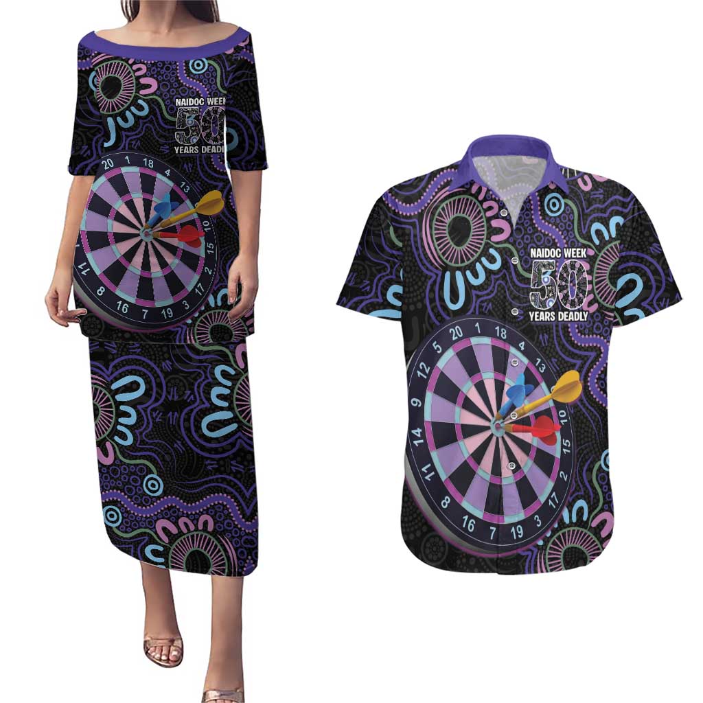 First Nations Darts NAIDOC 2026 Couples Matching Puletasi and Hawaiian Shirt Aboriginal Dot Art Dartboard Purple