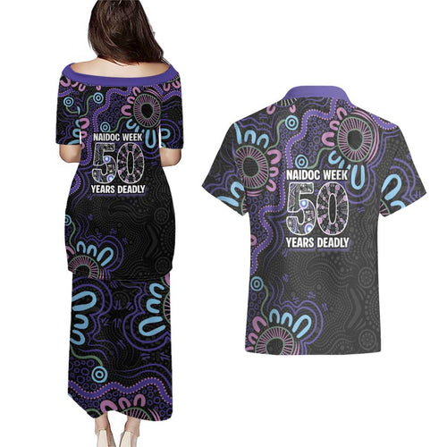 First Nations Darts NAIDOC 2026 Couples Matching Puletasi and Hawaiian Shirt Aboriginal Dot Art Dartboard Purple
