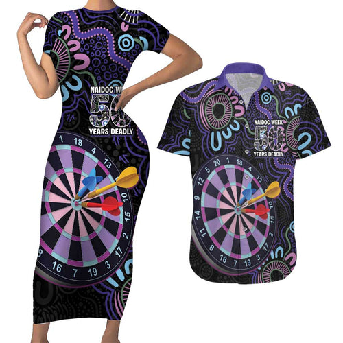 First Nations Darts NAIDOC 2026 Couples Matching Short Sleeve Bodycon Dress and Hawaiian Shirt Aboriginal Dot Art Dartboard Purple