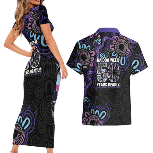 First Nations Darts NAIDOC 2026 Couples Matching Short Sleeve Bodycon Dress and Hawaiian Shirt Aboriginal Dot Art Dartboard Purple