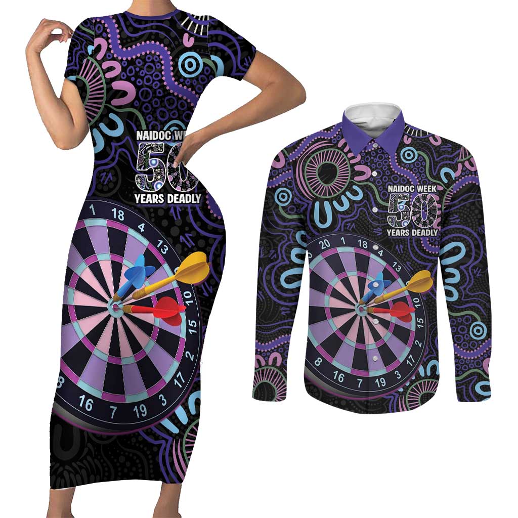 First Nations Darts NAIDOC 2026 Couples Matching Short Sleeve Bodycon Dress and Long Sleeve Button Shirt Aboriginal Dot Art Dartboard Purple