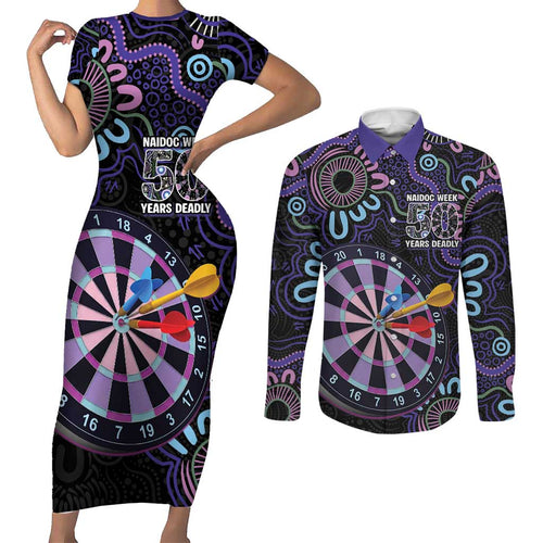 First Nations Darts NAIDOC 2026 Couples Matching Short Sleeve Bodycon Dress and Long Sleeve Button Shirt Aboriginal Dot Art Dartboard Purple