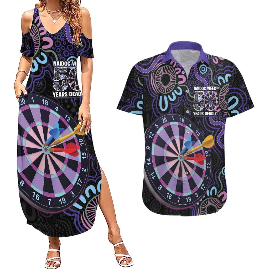 First Nations Darts NAIDOC 2026 Couples Matching Summer Maxi Dress and Hawaiian Shirt Aboriginal Dot Art Dartboard Purple
