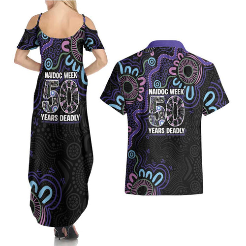 First Nations Darts NAIDOC 2026 Couples Matching Summer Maxi Dress and Hawaiian Shirt Aboriginal Dot Art Dartboard Purple