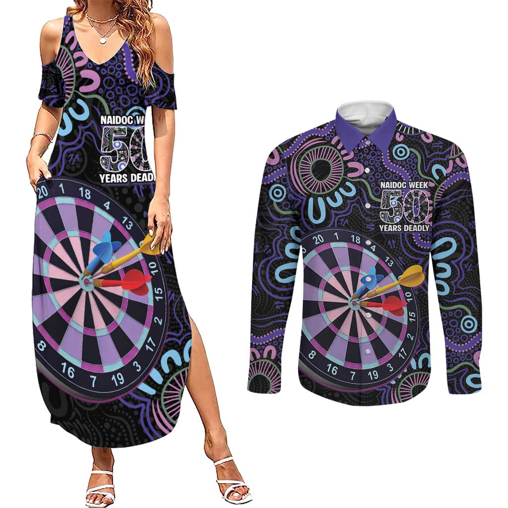 First Nations Darts NAIDOC 2026 Couples Matching Summer Maxi Dress and Long Sleeve Button Shirt Aboriginal Dot Art Dartboard Purple