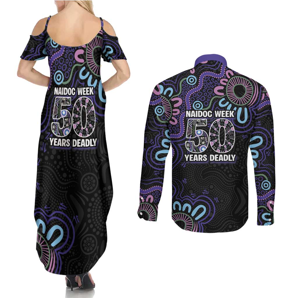 First Nations Darts NAIDOC 2026 Couples Matching Summer Maxi Dress and Long Sleeve Button Shirt Aboriginal Dot Art Dartboard Purple