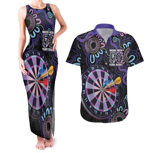 First Nations Darts NAIDOC 2026 Couples Matching Tank Maxi Dress and Hawaiian Shirt Aboriginal Dot Art Dartboard Purple