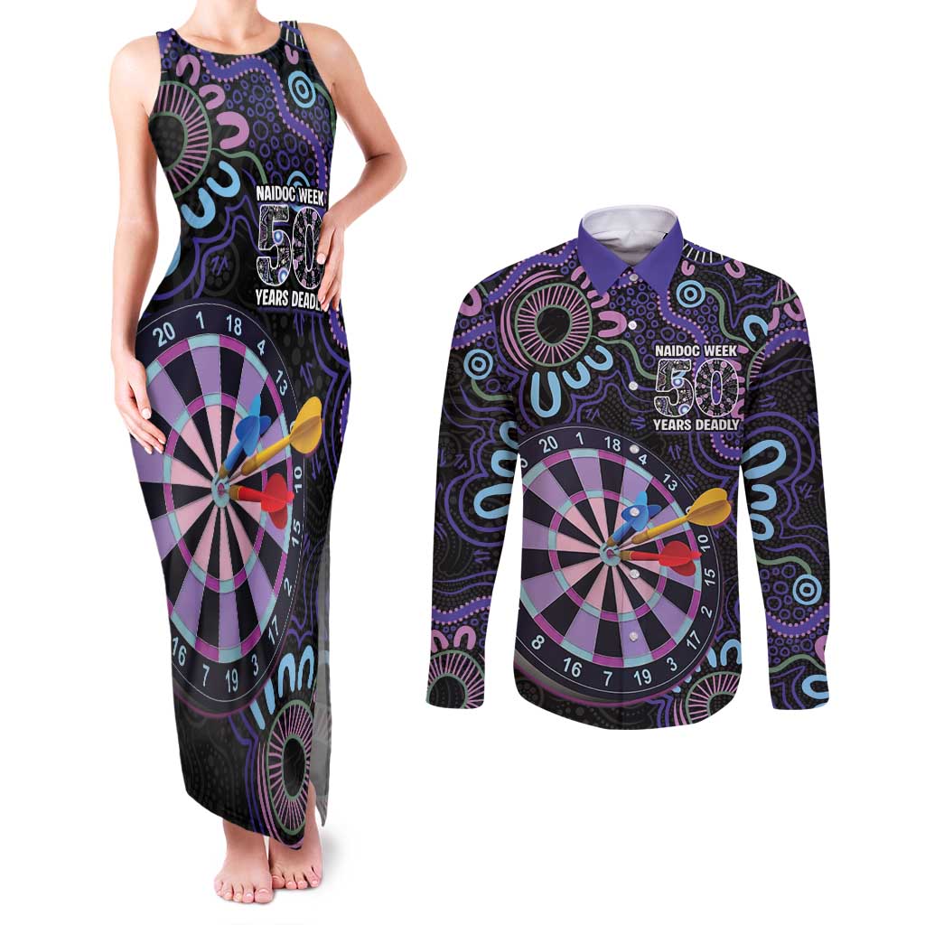 First Nations Darts NAIDOC 2026 Couples Matching Tank Maxi Dress and Long Sleeve Button Shirt Aboriginal Dot Art Dartboard Purple
