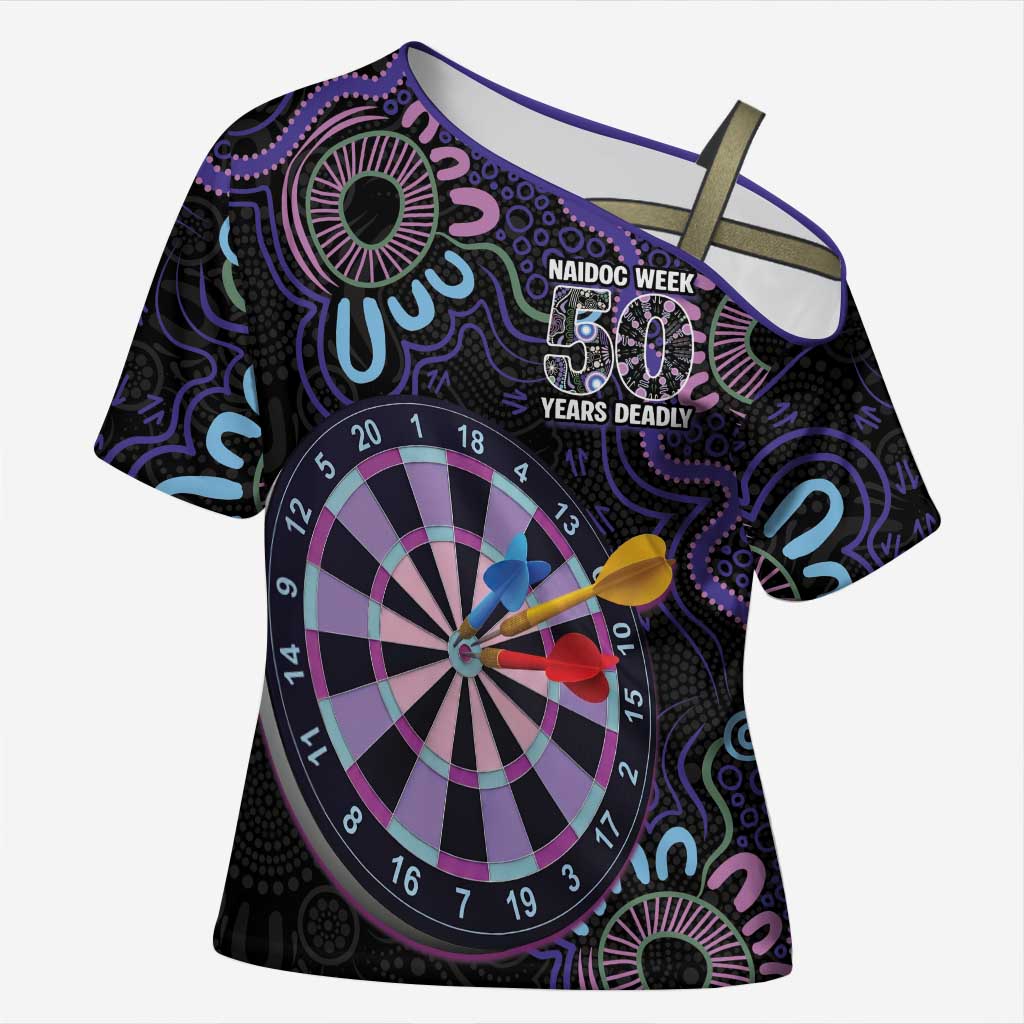 First Nations Darts NAIDOC 2026 Cross Shoulder Shirt Aboriginal Dot Art Dartboard Purple