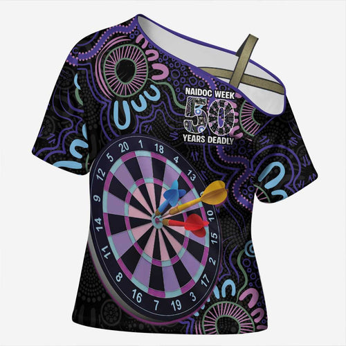 First Nations Darts NAIDOC 2026 Cross Shoulder Shirt Aboriginal Dot Art Dartboard Purple