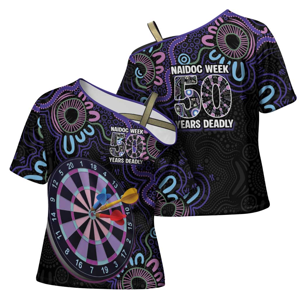 First Nations Darts NAIDOC 2026 Cross Shoulder Shirt Aboriginal Dot Art Dartboard Purple
