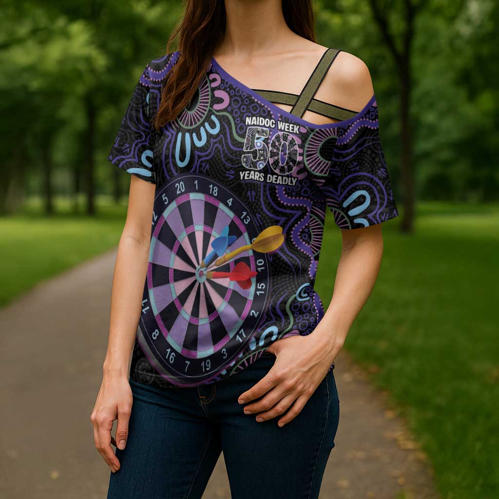 First Nations Darts NAIDOC 2026 Cross Shoulder Shirt Aboriginal Dot Art Dartboard Purple