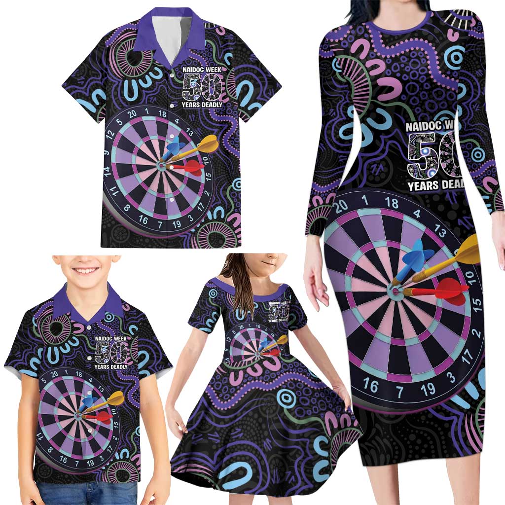 First Nations Darts NAIDOC 2026 Family Matching Long Sleeve Bodycon Dress and Hawaiian Shirt Aboriginal Dot Art Dartboard Purple