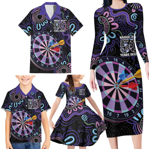 First Nations Darts NAIDOC 2026 Family Matching Long Sleeve Bodycon Dress and Hawaiian Shirt Aboriginal Dot Art Dartboard Purple