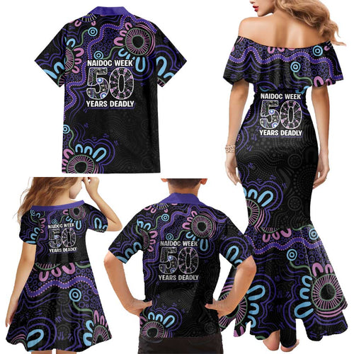 First Nations Darts NAIDOC 2026 Family Matching Mermaid Dress and Hawaiian Shirt Aboriginal Dot Art Dartboard Purple