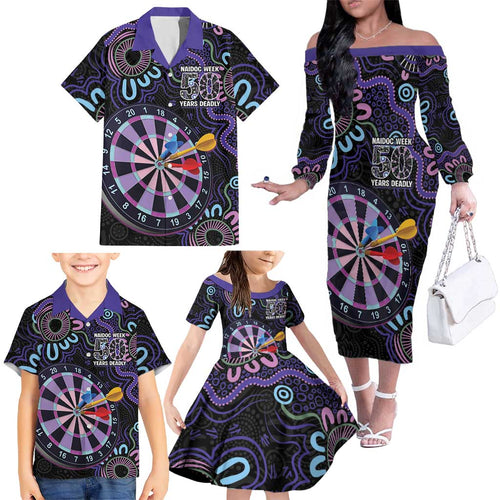 First Nations Darts NAIDOC 2026 Family Matching Off The Shoulder Long Sleeve Dress and Hawaiian Shirt Aboriginal Dot Art Dartboard Purple