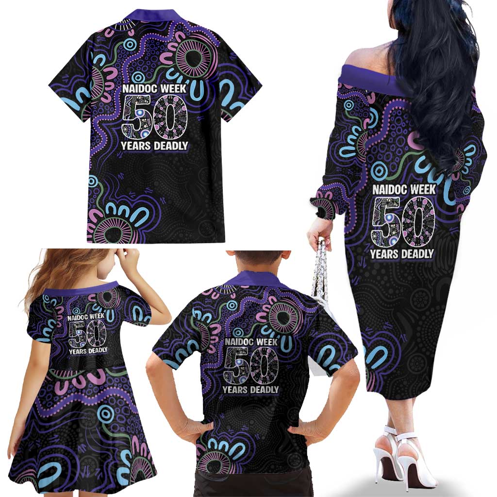 First Nations Darts NAIDOC 2026 Family Matching Off The Shoulder Long Sleeve Dress and Hawaiian Shirt Aboriginal Dot Art Dartboard Purple