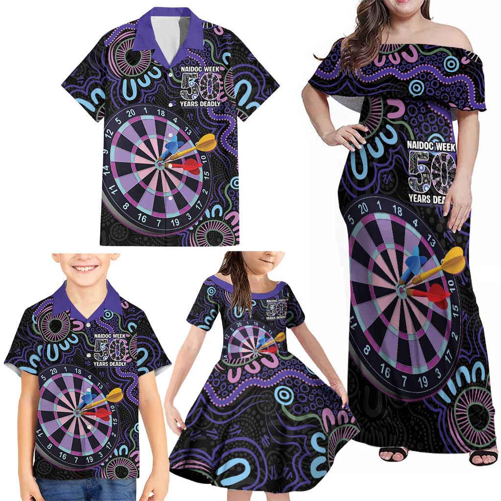 First Nations Darts NAIDOC 2026 Family Matching Off Shoulder Maxi Dress and Hawaiian Shirt Aboriginal Dot Art Dartboard Purple