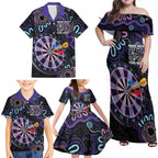 First Nations Darts NAIDOC 2026 Family Matching Off Shoulder Maxi Dress and Hawaiian Shirt Aboriginal Dot Art Dartboard Purple