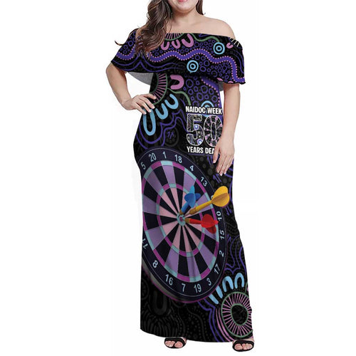 First Nations Darts NAIDOC 2026 Family Matching Off Shoulder Maxi Dress and Hawaiian Shirt Aboriginal Dot Art Dartboard Purple