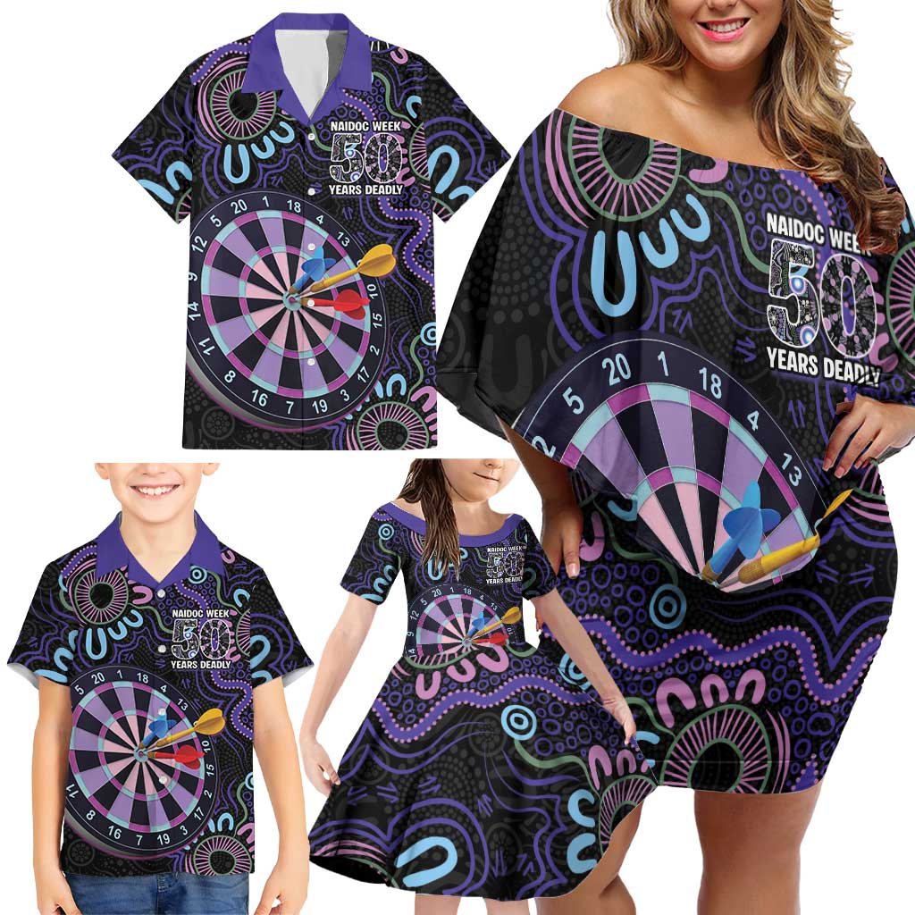 First Nations Darts NAIDOC 2026 Family Matching Off Shoulder Short Dress and Hawaiian Shirt Aboriginal Dot Art Dartboard Purple